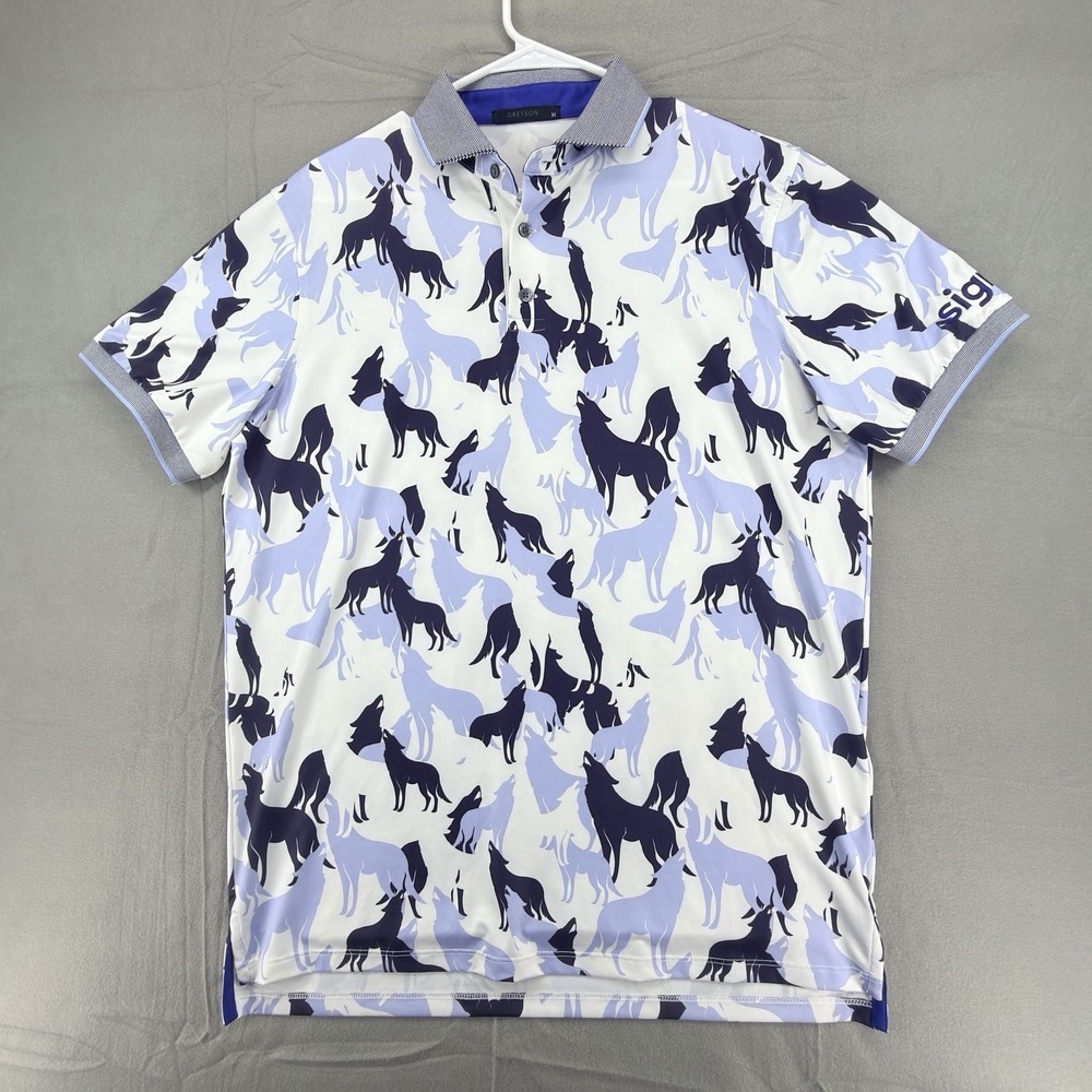 Greyson Golf Polo Shirt Mens Medium Shadows Of The Marsh AOP Performance Logo